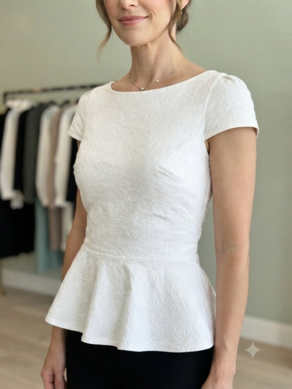 Alice + Olivia White Jacquard Peplum Top XS